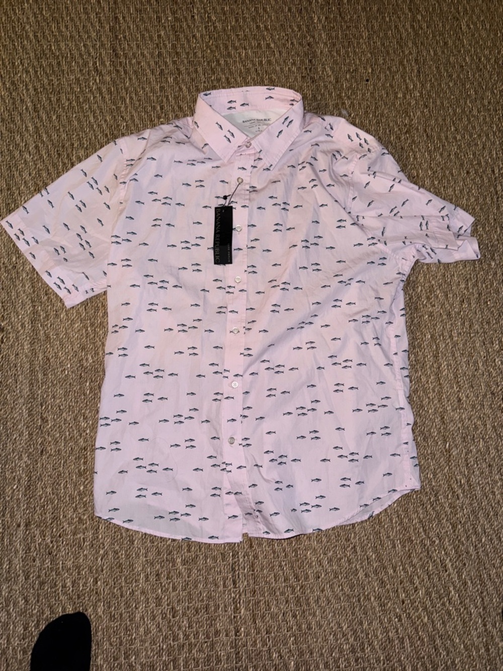 Banana Republic Pink Short-Sleeve Button-Down Shirt with Navy Micro Pattern